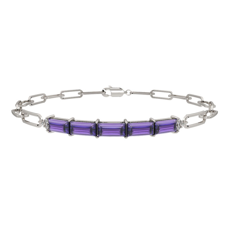 Emerald-Cut Amethyst Diamond Paperclip Bracelet in 10k White Gold image number null